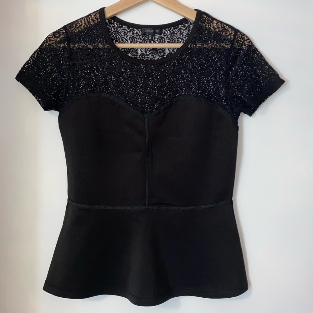 Dynamite Black Lace Sweetheart Peplum Top - Short Sleeve - Size Small